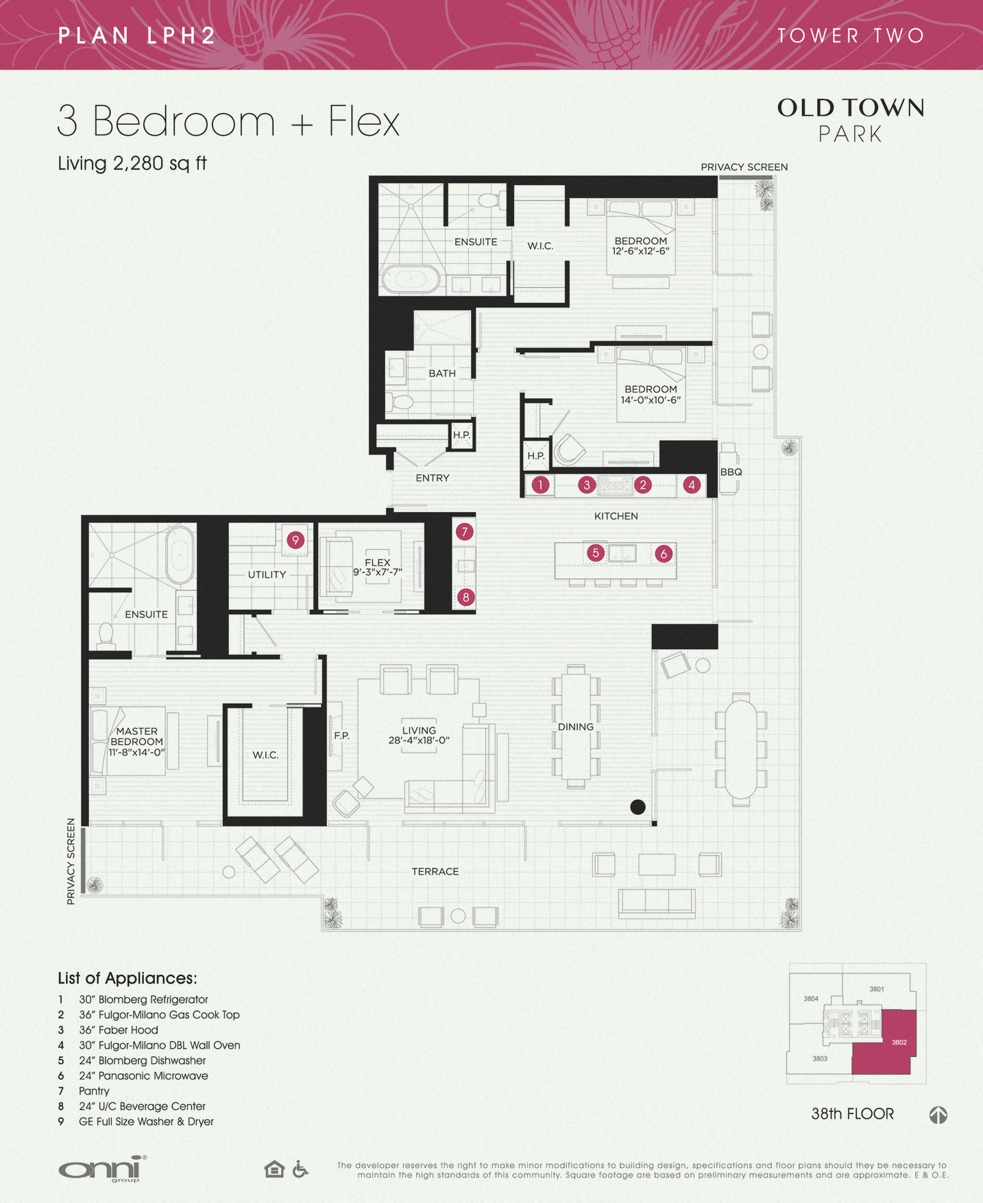 Floor plan for 3 beds, 3 baths, 2280 sqft